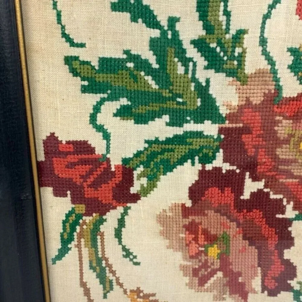 Vintage Framed Finished‎ Needlework Wall Hanging Picture Floral Cottagecore 1964